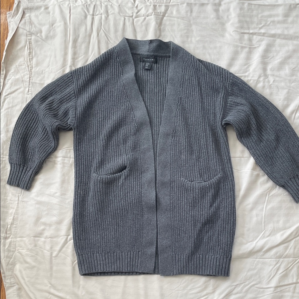 Tahari Charcoal Open-Front Knit Cardigan 100% Cotton